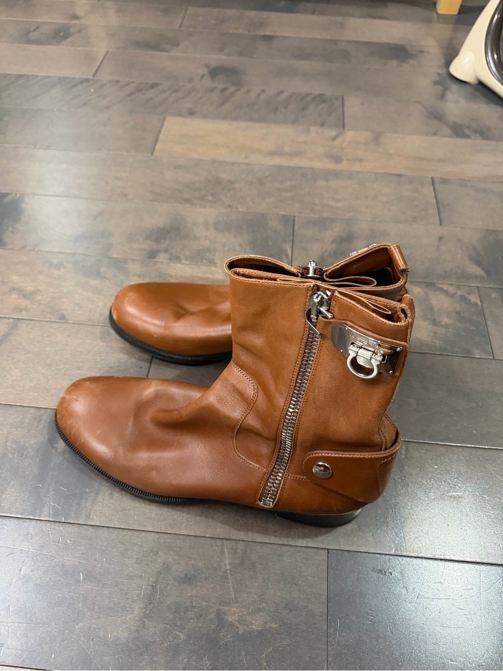 Salvatore Ferragamo Tan Leather Ankle Booties with Side Zip and Buckle Size 11 W